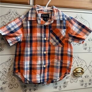 💥4/$20💥 🧡💙 Chaps Kids Orange and Blue Plaid Button Down Boys Shirt Size 2/2T